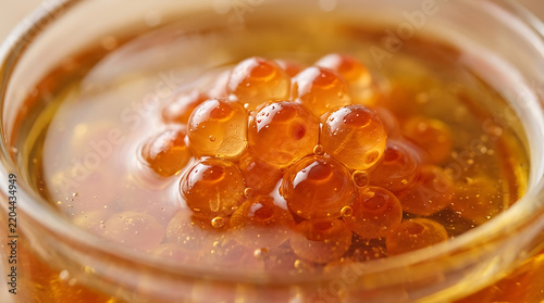 Close-up of glistening red caviar in syrup, gourmet food, delicacy