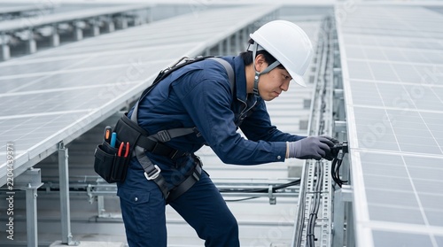 屋上の太陽光発電設備で配線点検を行う電気工事士の日本人男性