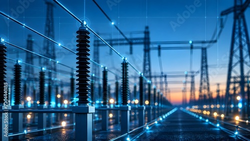Smart Grid Concept Visualizing Digital Data Network over High Voltage Substation at Dusk
