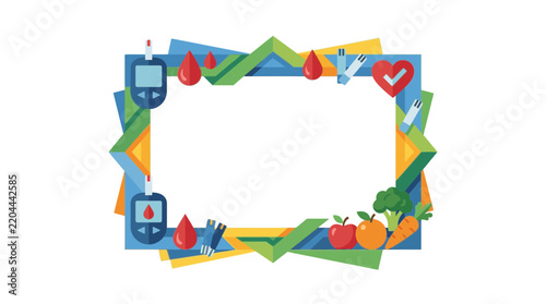 Diabetes Care Frame with Medical Icons and Healthy Food Elements