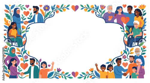 Diverse Community People Frame with Floral Elements