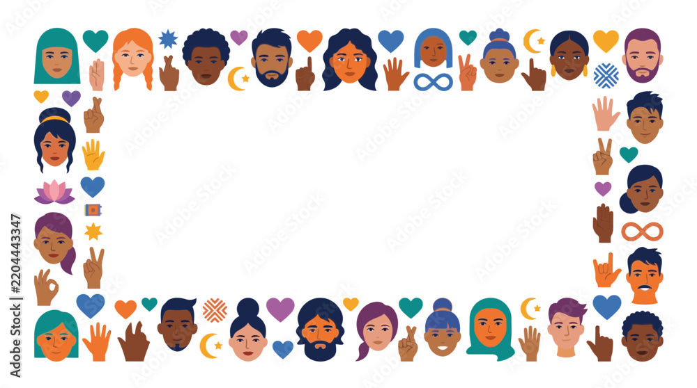 Fototapeta premium Diverse People Faces and Hand Signs Border Frame