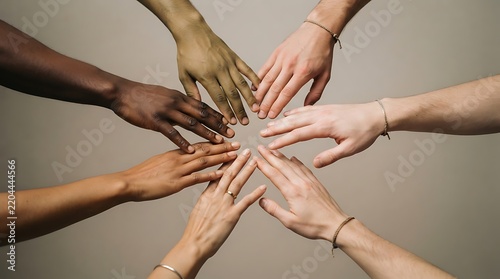 Diverse group of hands reaching toward the center in a circle representing unity and connection