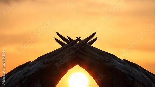Overlapping bird wingtips in V-formation against warm sunset sky, teamwork and unity in nature concept