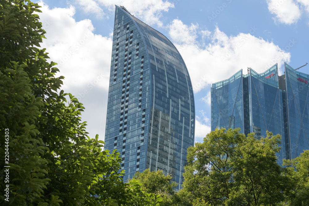 Obraz premium view of northeast/north side of L-Tower condominium complex designed by Studio Libeskind located at 8 The Esplanade (also CIBC Square) viewed from Berczy Park, Toronto