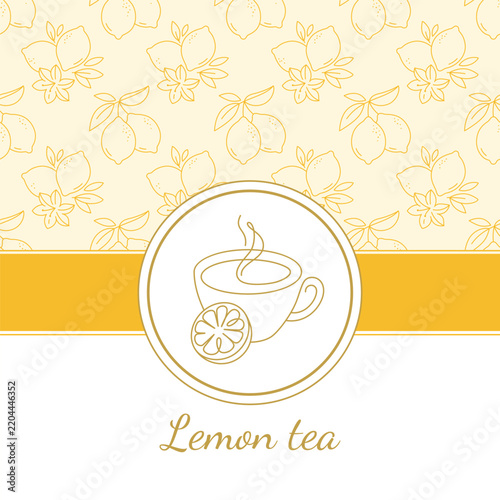 Lemon tea cup with citrus fruit and star anise pattern, warm beverage illustration