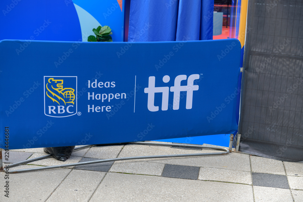 Obraz premium barrier cover featuring logo and slogan of RBC, a major partner of TIFF, Toronto International Film Festival, at David Pecaut Square