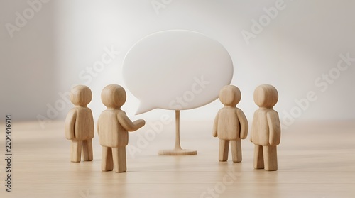 Minimalist wooden figures standing around a large blank speech bubble representing business communication, teamwork, group discussion, brainstorming sessions, and sharing creative ideas.