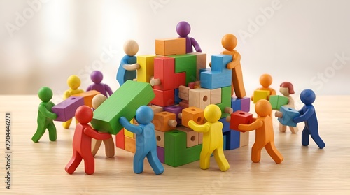 Concept of teamwork and collaboration with diverse colorful wooden figures working together to build a complex structure of wooden blocks on a table, symbolizing business growth and unity