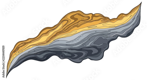 Stylized wavy fluid shape with golden yellow and dark grey marble texture pattern.