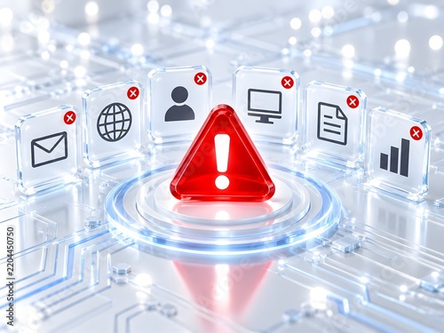 Digital warning and error icons surrounding a central red exclamation mark symbolizing system alerts cybersecurity threats and data breaches.