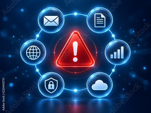 Digital security warning with glowing icons for email documents analytics cloud and network connected to a central alert symbol.