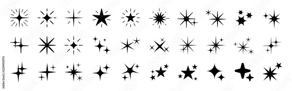 Obraz premium Black vector starburst icons and sparkles set on white background