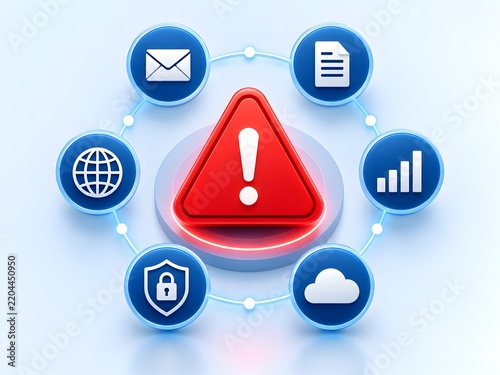 Digital warning sign with interconnected icons representing security data cloud and communication signifying system alert or risk