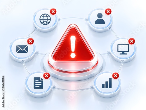 Digital warning alert system with interconnected icons showing errors or failures across network user computer and communication channels