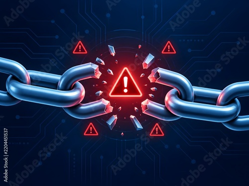 Broken chain link with red warning signs and digital circuit board background symbolizing security breach system failure or data loss