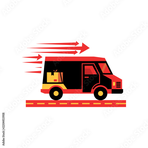 Fast delivery van with package and motion arrows illustration PNG Isolated on transparent background