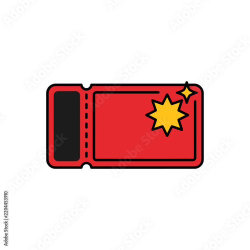 Red raffle ticket with perforated edge and sparkling star graphic for winning prize or event entry PNG Isolated on transparent background