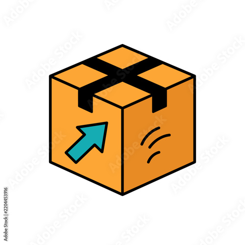 Orange shipping box with blue arrow indicating movement and black tape for sealing PNG Isolated on transparent background