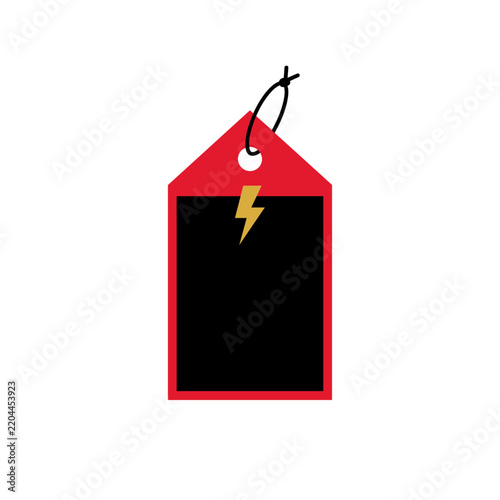 Red price tag with black insert and golden lightning bolt symbol for sale or discount promotions PNG Isolated on transparent background