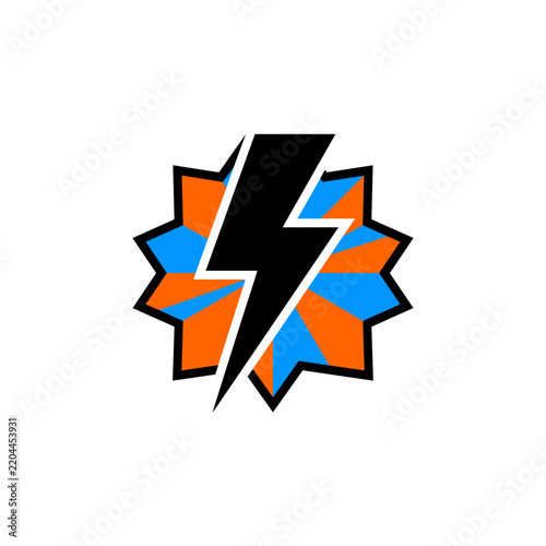 Black lightning bolt striking through a starburst emblem with orange and blue geometric patterns PNG Isolated on transparent background