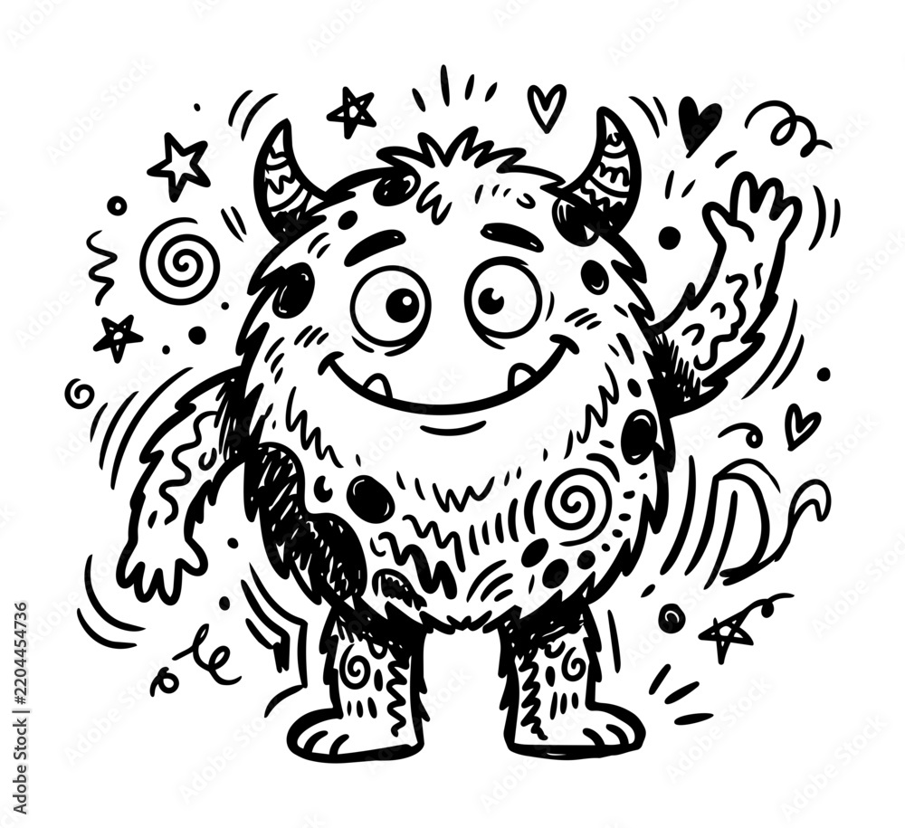 Obraz premium Cute Cartoon Furry Monster Waving Hand Black And White Doodle Illustration.