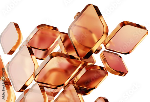 Abstract 3D Background with Floating Copper and Glass Geometric Shapes in White