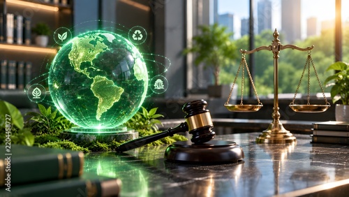 Environmental justice and global law concept featuring a judge's gavel, scales of justice, and a glowing green digital globe with sustainability icons for ESG compliance and climate legislation.