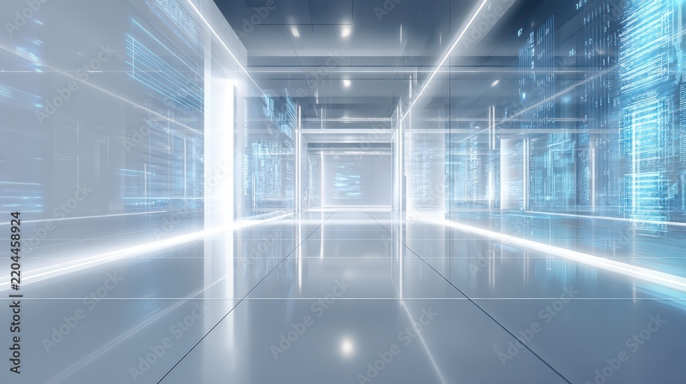 Fototapeta premium Futuristic digital data center corridor with glowing information displays and clean minimalist architecture interior design