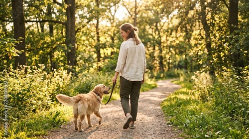 Woman walking golden retriever dog on a sunlit forest path enjoying nature and outdoor activity