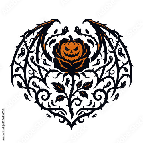 Gothic Halloween Pumpkin Rose Illustration with Bat Wings and Little Ghosts