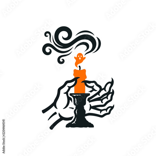 Spooky Halloween Candle with Skeleton Hands and Ghost Smoke Illustration