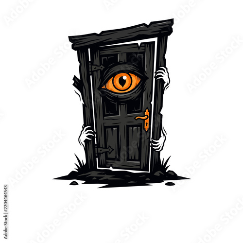 Creepy Haunted Wooden Door With Glowing Orange Eye and Reaching Ghostly Hands