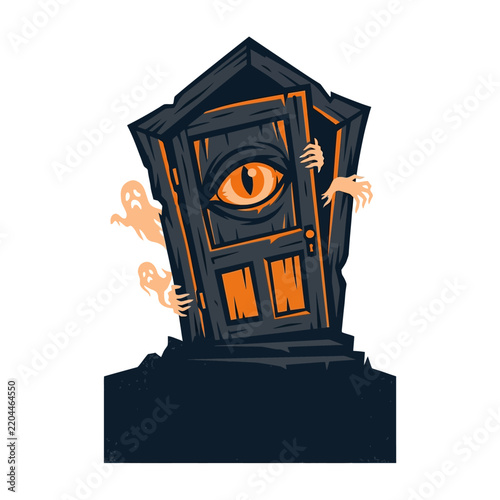 Creepy haunted door entrance with glowing orange eye and mysterious ghostly hands