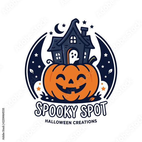 Spooky Halloween Pumpkin House Illustration With Ghost Design Emblem Graphic