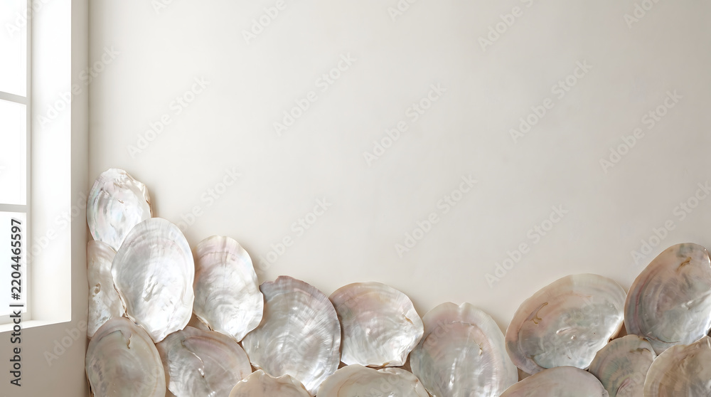 Obraz premium Organic Mother of Pearl Oyster Shell Border on Minimalist Warm White Plaster Wall