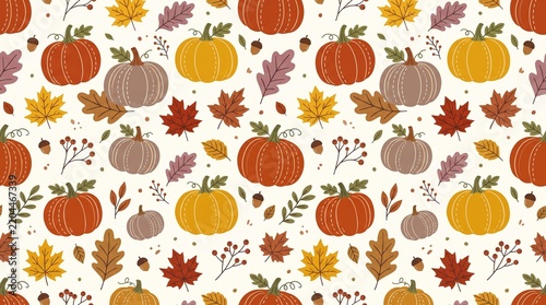 Seamless autumn pattern featuring colorful pumpkins and leaves arranged nicely across a light decorative background design