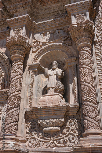 Puno, Peru - September 1, 2026: Detail of the facade of the Basilica Cathedral of San Carlos Borromeo in Puno, Peru.