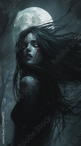 Woman with flowing hair in moonlight