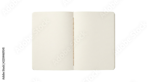 Open blank beige notebook with cream pages on white background