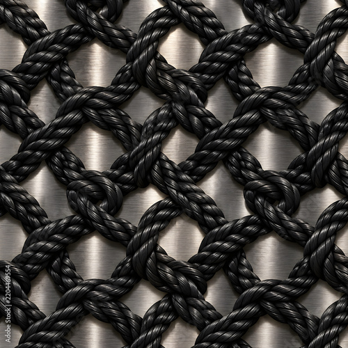 Black Braided Rope Knots on Brushed Metal Background
