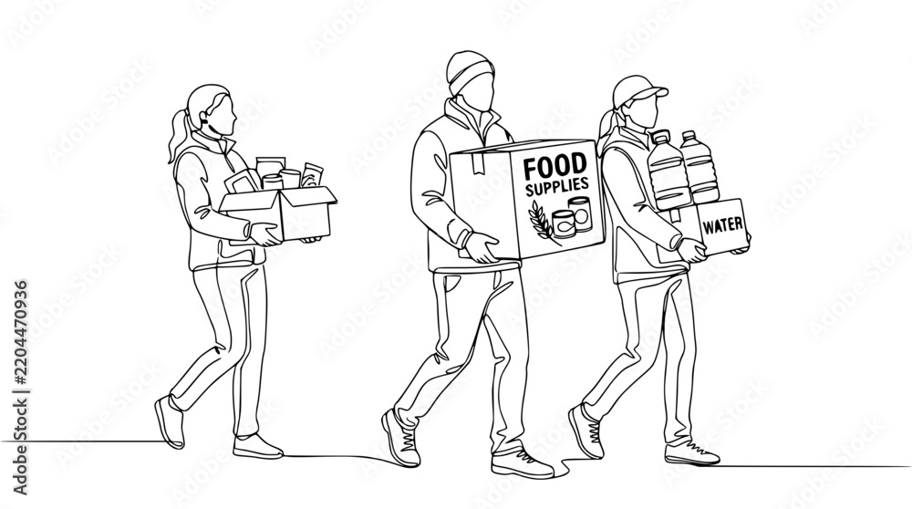 Fototapeta premium Volunteers carrying food supplies and water to help others