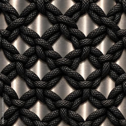 Black Braided Cord Lattice on Brushed Metal Background

