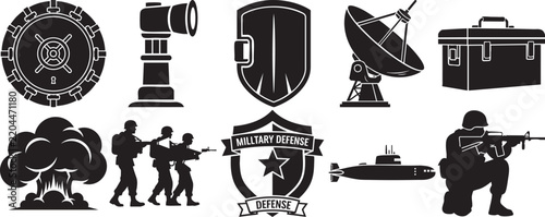 Tactical and defense themed icons set featuring soldiers and military hardware military explosion