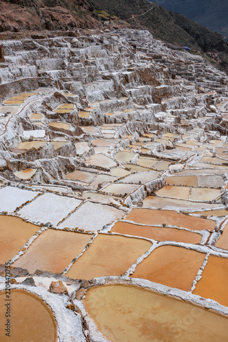 Maras, Peru - August 27, 2026: The Salt Mines of Maras is one of the largest salt extraction centers of prehispanic origin in Cusco Region, Urubamba, Peru.