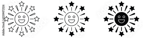 Happy Sun and Celebration Line Icons Set – Smiley Face, Stars, Joy and Positive Energy Symbols.