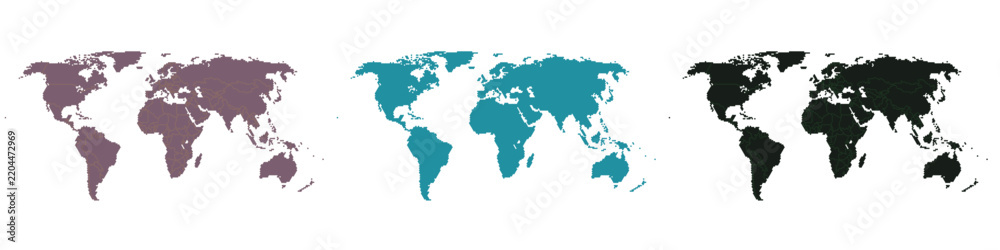 Fototapeta premium Minimalist world map vector set, flat earth silhouette collection in purple teal and black, global geography icons for travel and business infographics