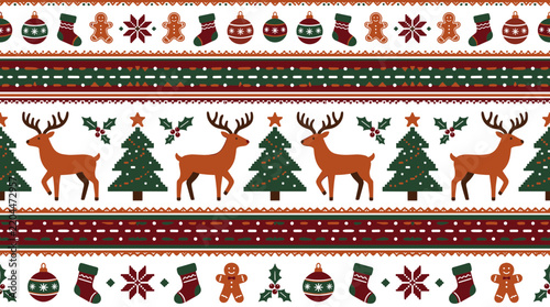 Scandinavian Christmas seamless pattern with reindeer and pine trees. Nordic winter fair isle background with gingerbread men and ornaments. Festive red and green holiday textile vector.