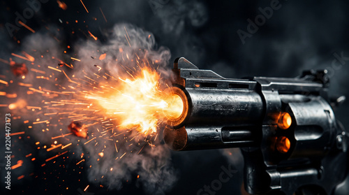 Action Movie Concept Revolver Handgun Firing With Muzzle Flash And Sparks