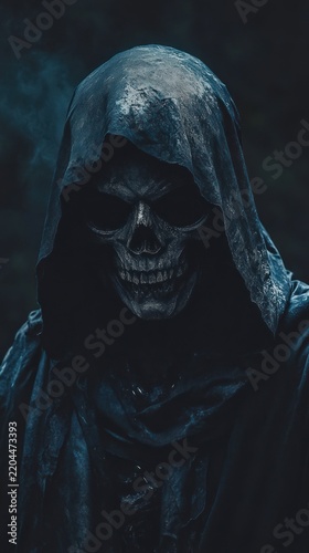 Grim reaper figure in hooded robe